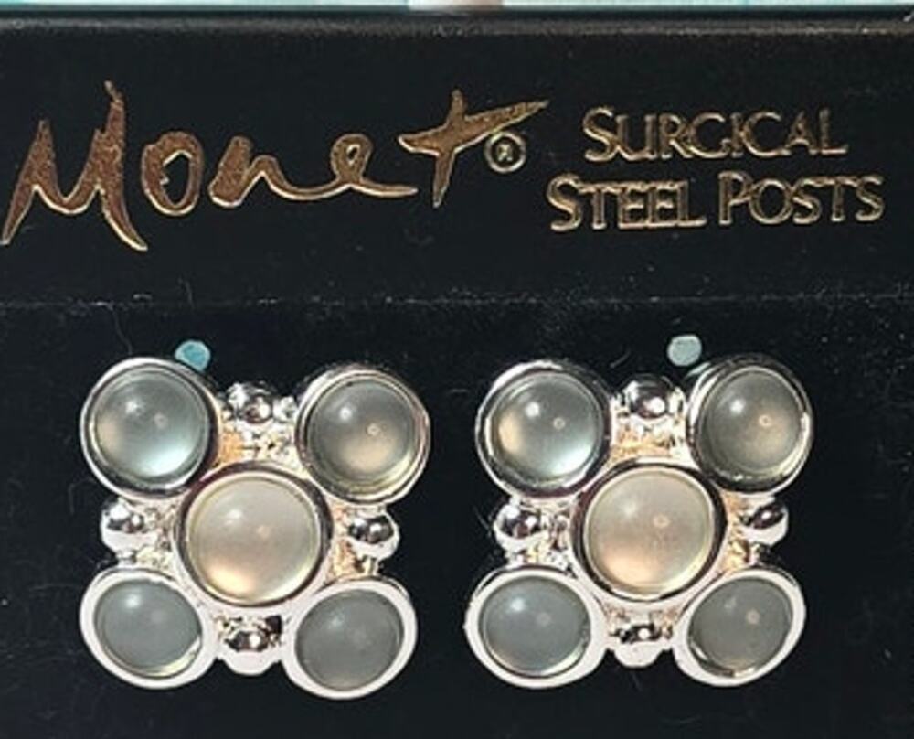 Monet Silver Glass Cabochon Cluster Earrings Vintage Soft Glam Elegant